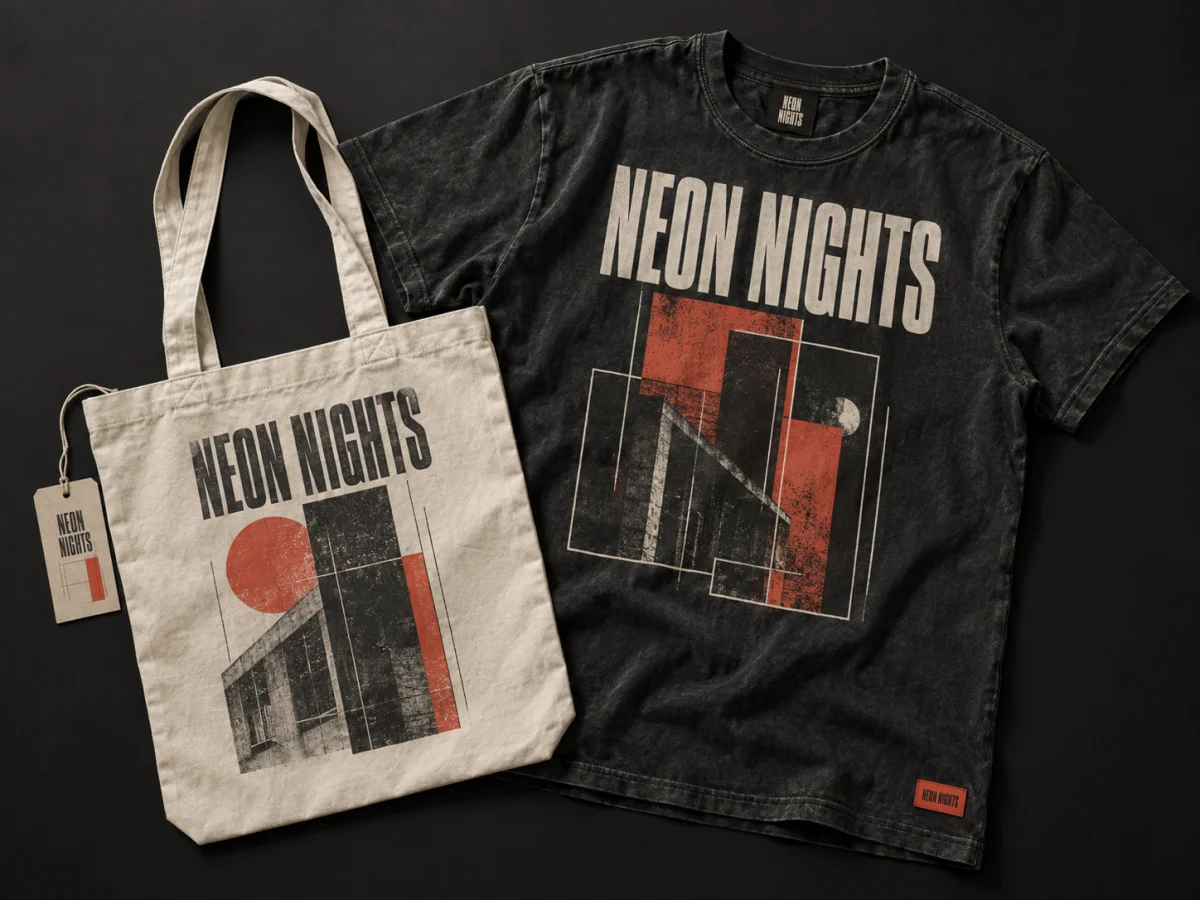 Illustrative event merchandise: a charcoal concert T-shirt and a canvas tote with red and cream prints.